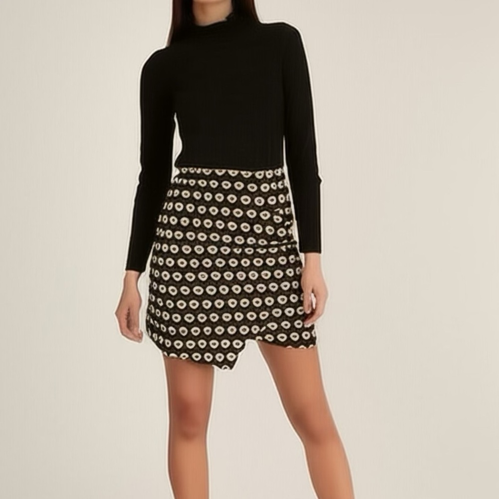 H&M Black and White Asymmetrical Faux Wrap Mini Skirt